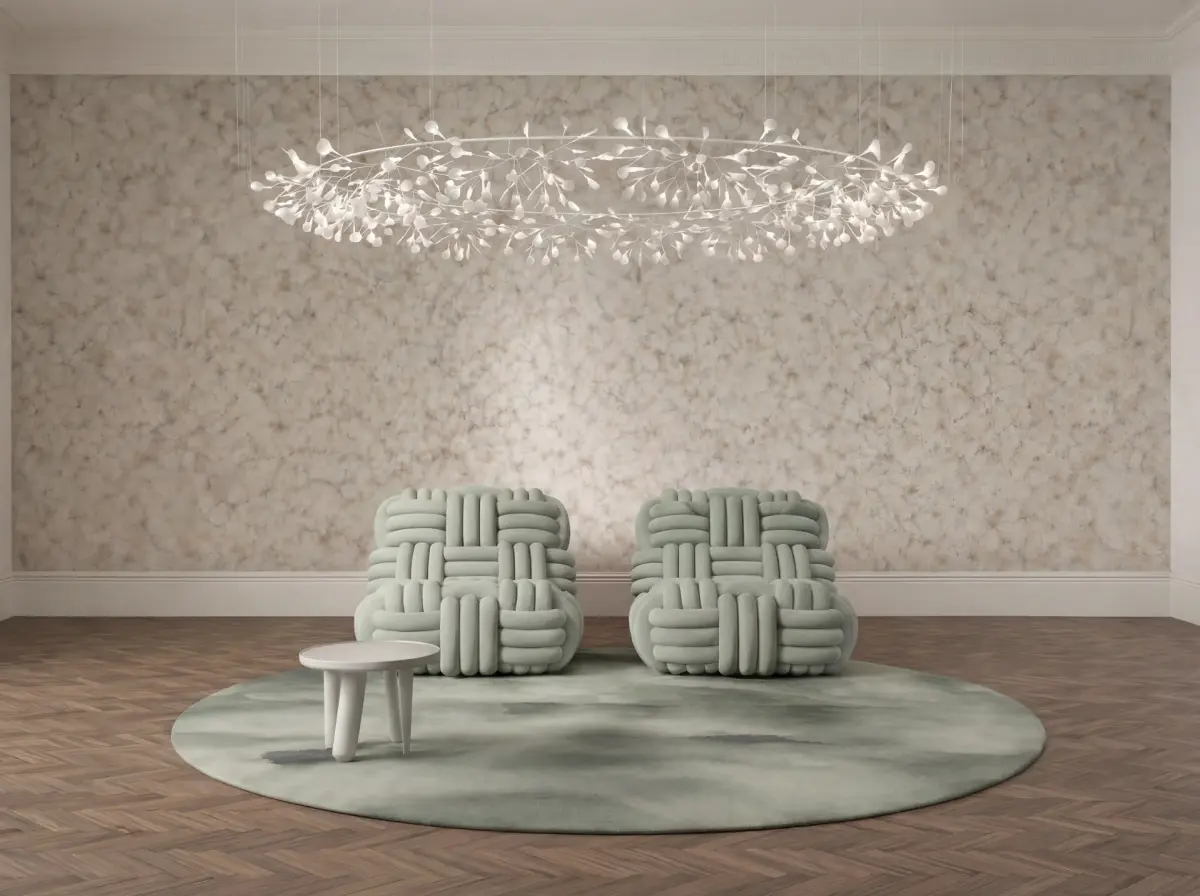 Moooi luxury lounge chairs with Heracleum chandelier at Italcasa Design showroom Metro Detroit