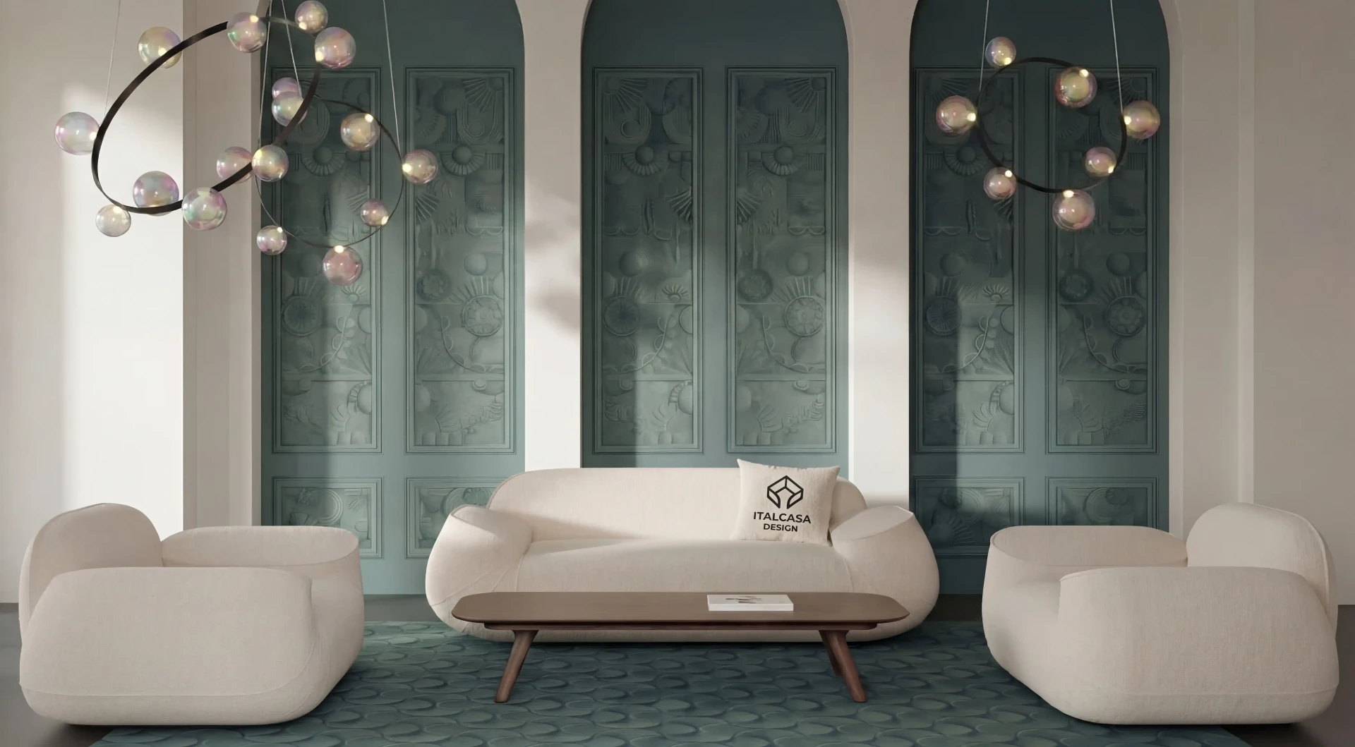 Luxury Italian furniture showroom with Moooi Serpentine light and contemporary sofas - Italcasa Design authorized dealer